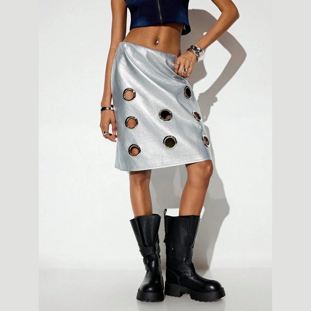 Silver Metallic Grommet Cutout Knee Length Midi Skirt
